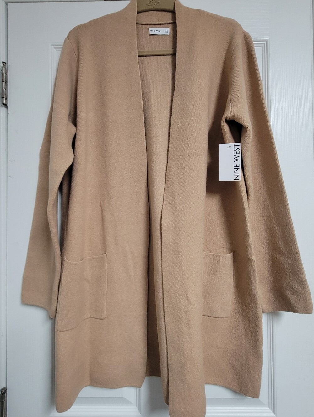 Nine West NWT Camel Open-Front Longline Coatigan Sweater Size Large.